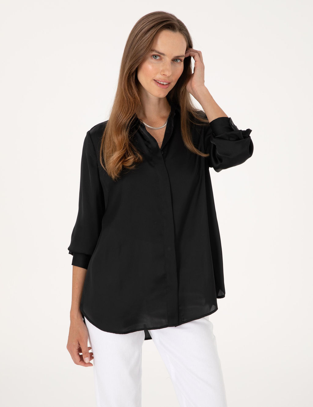 Siyah Comfort Fit Saten Uzun Kollu G_mlek - Pierre cardin фото 3