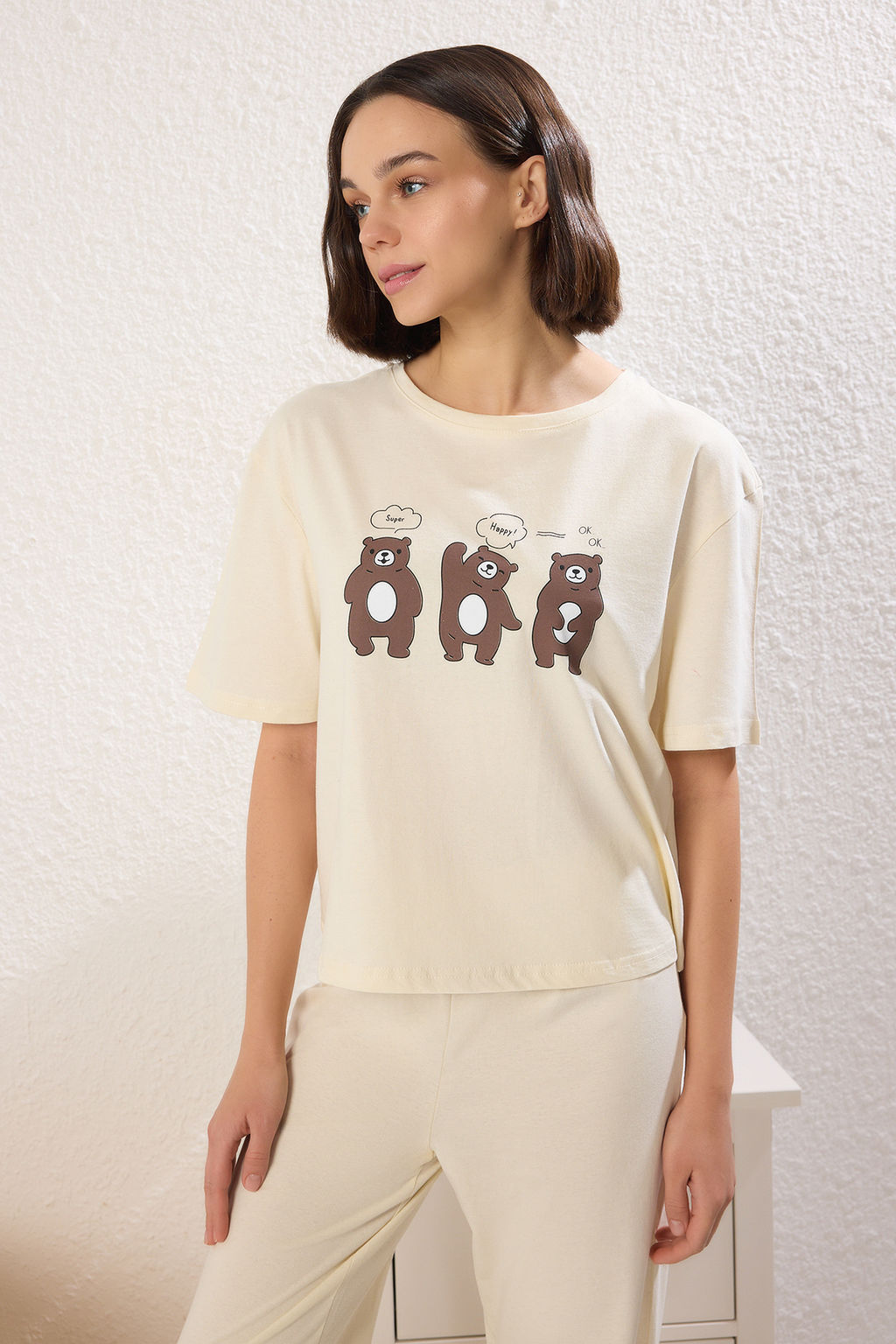 Trendyolmilla Lila %100 Pamuklu Eglenceli Bask?l? T-shirt-Pantolon Orme Pijama Tak?m? THMSS23PT00134 фото 40