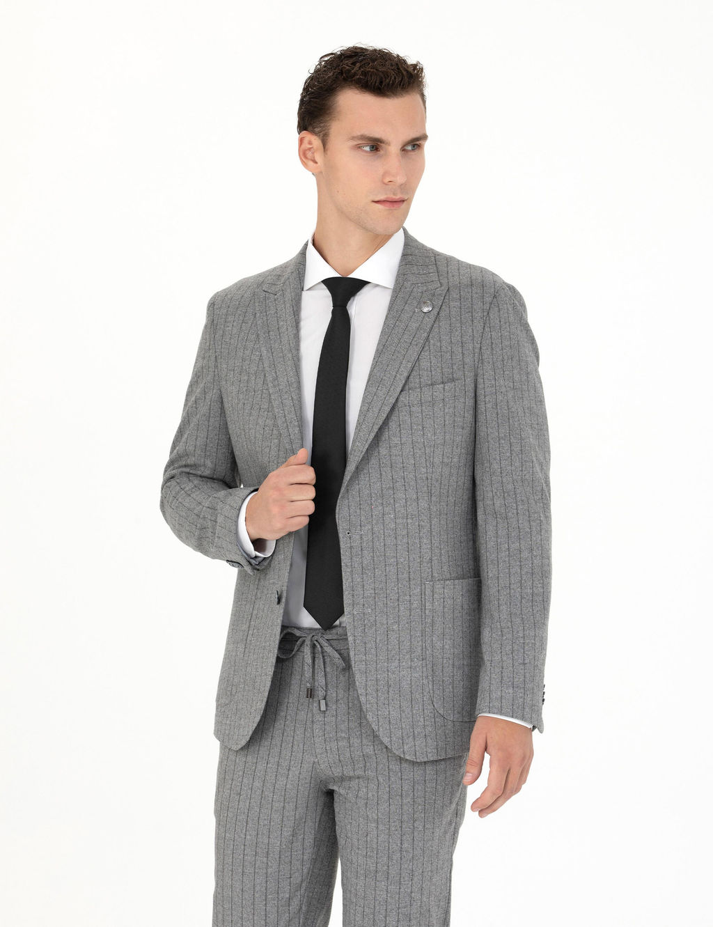 Gri Ekstra Slim Fit _izgili Tak_m Elbise