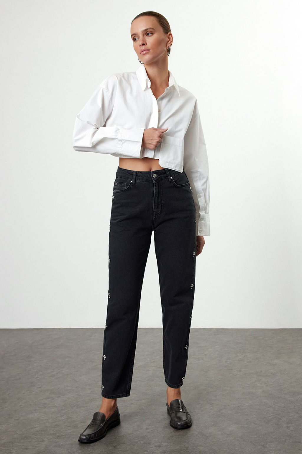 Siyah Tasl? Yuksek Bel Mom Jeans TWOAW25JE00255 - Trendyolmilla фото 2