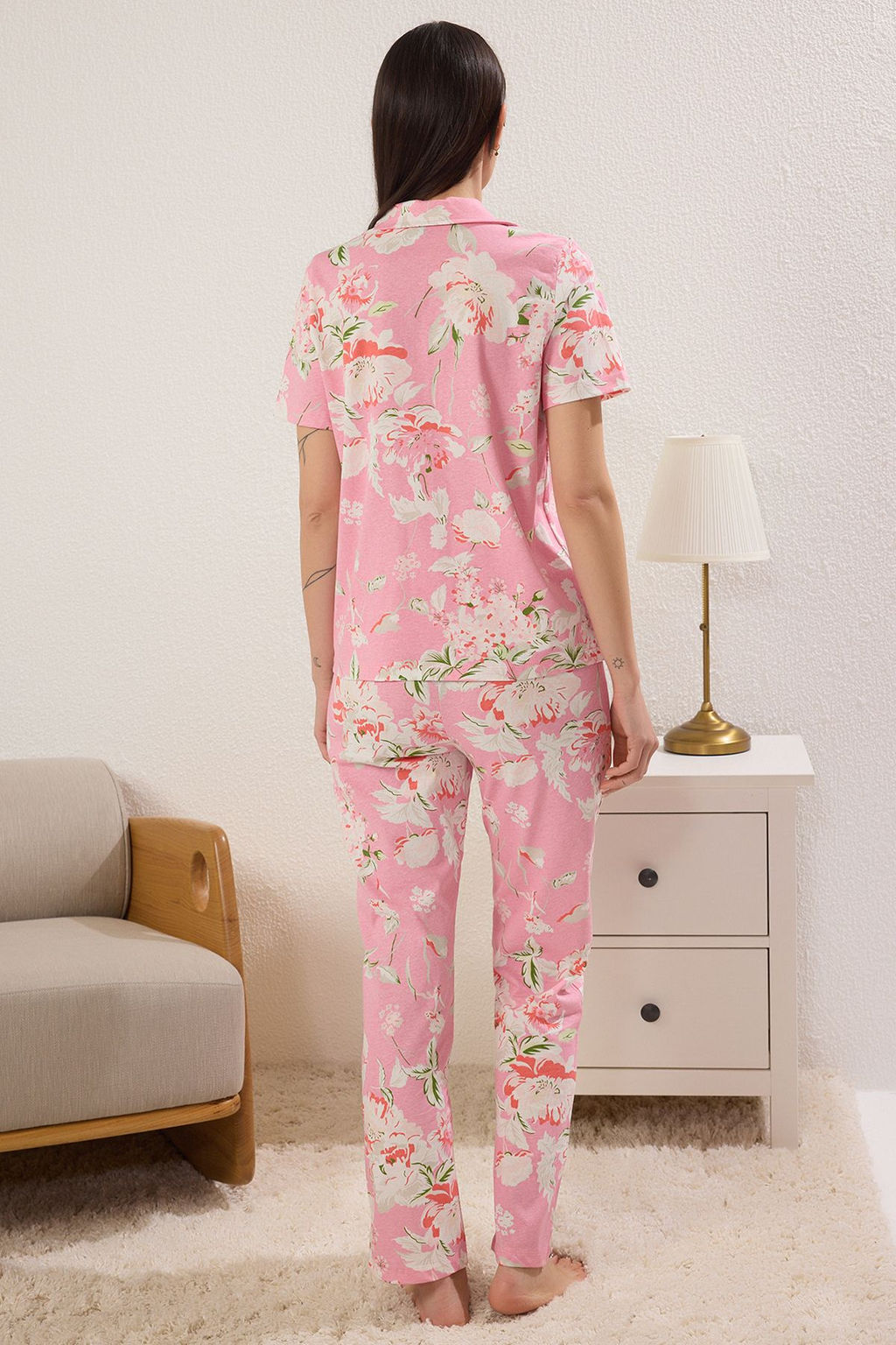 Trendyolmilla Sar? %100 Pamuklu Cicek Desenli Gomlek-Pantolon Orme Pijama Tak?m? THMSS20PT0063 фото 16