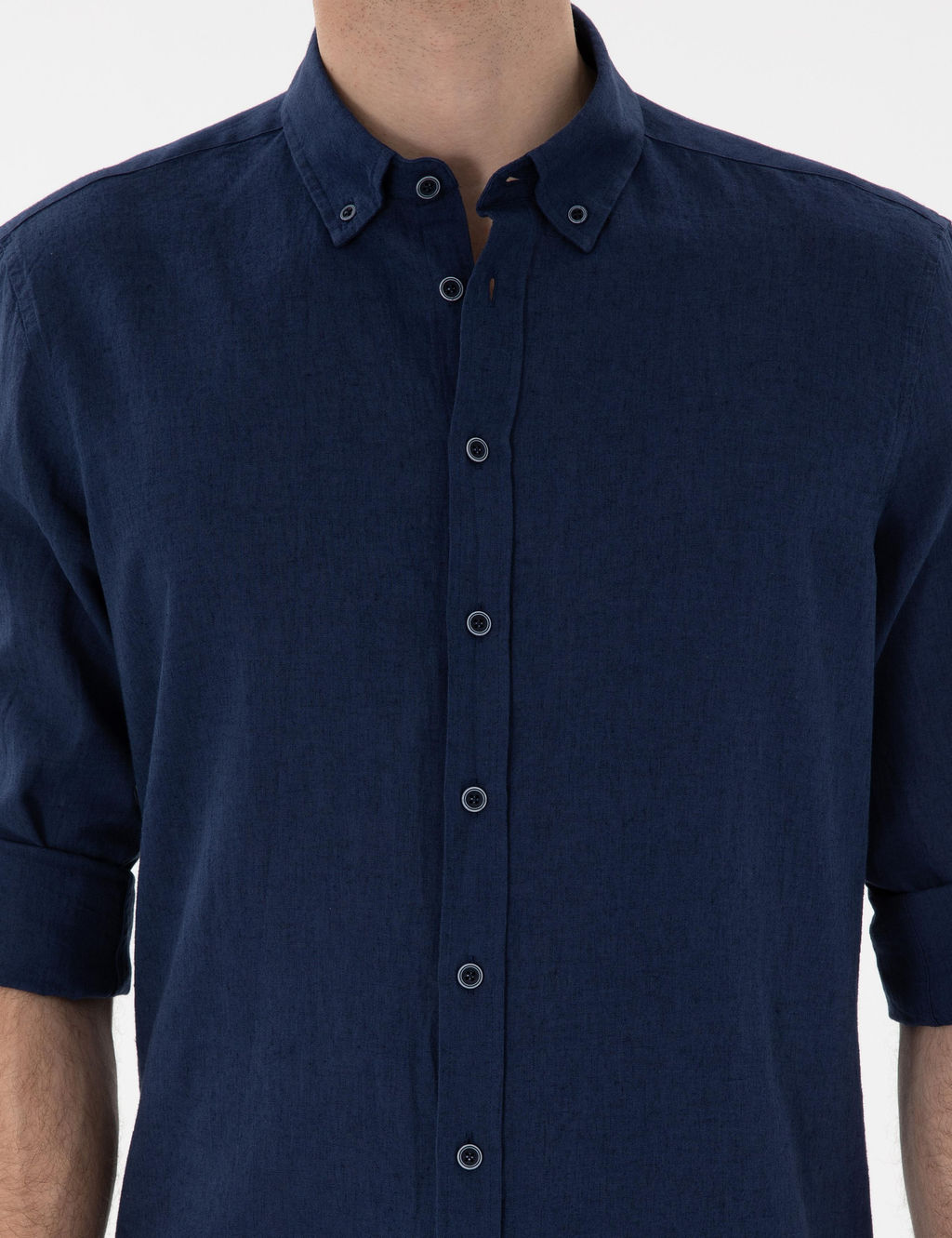 Lacivert Keten Kar___ml_ Regular Fit Uzun Kollu G_mlek