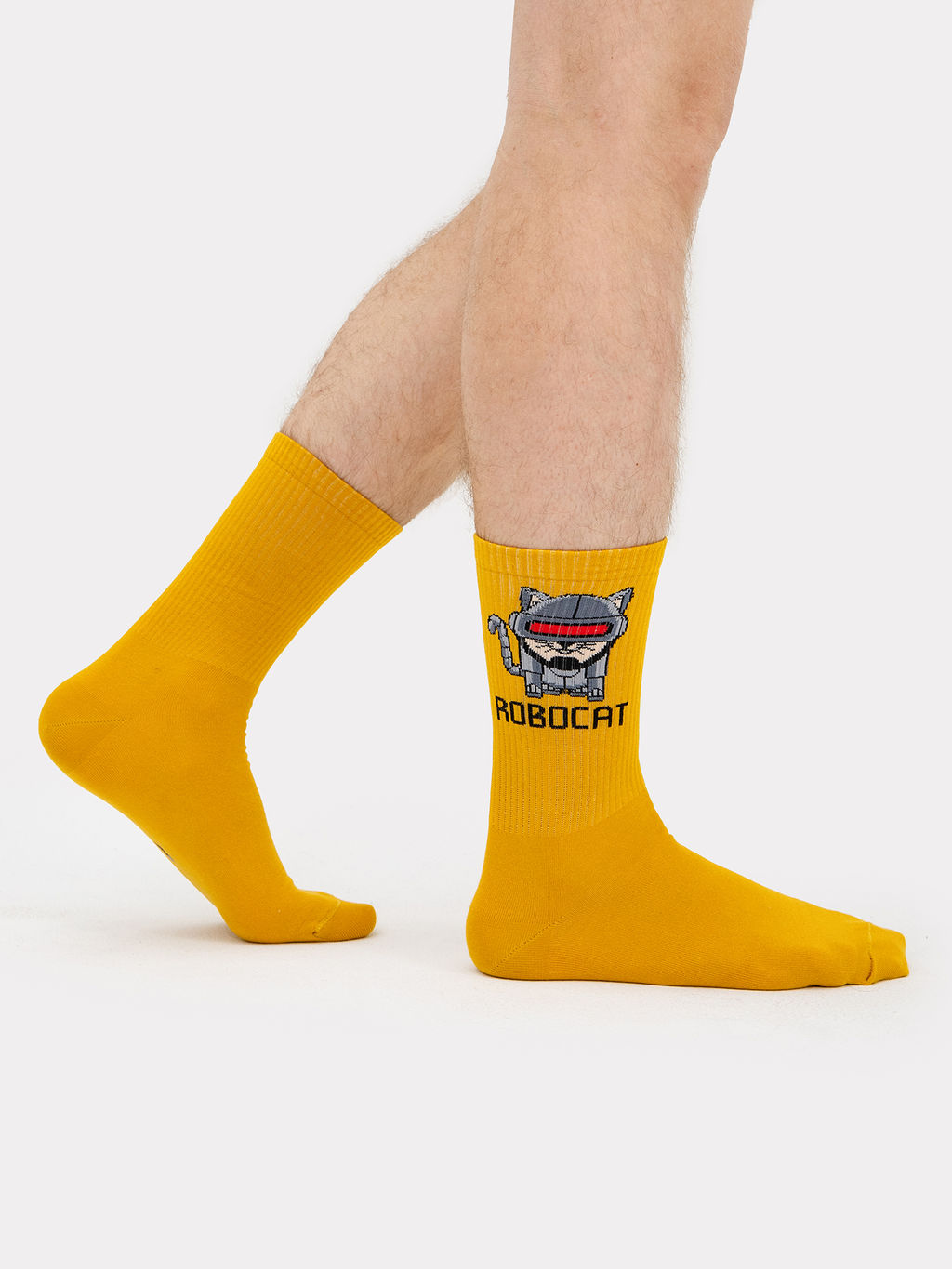 Цена за 5 пар! Носки мужские в желтом цвете и рисунком в виде надписи ROBOCAT горчичный 107K-2264