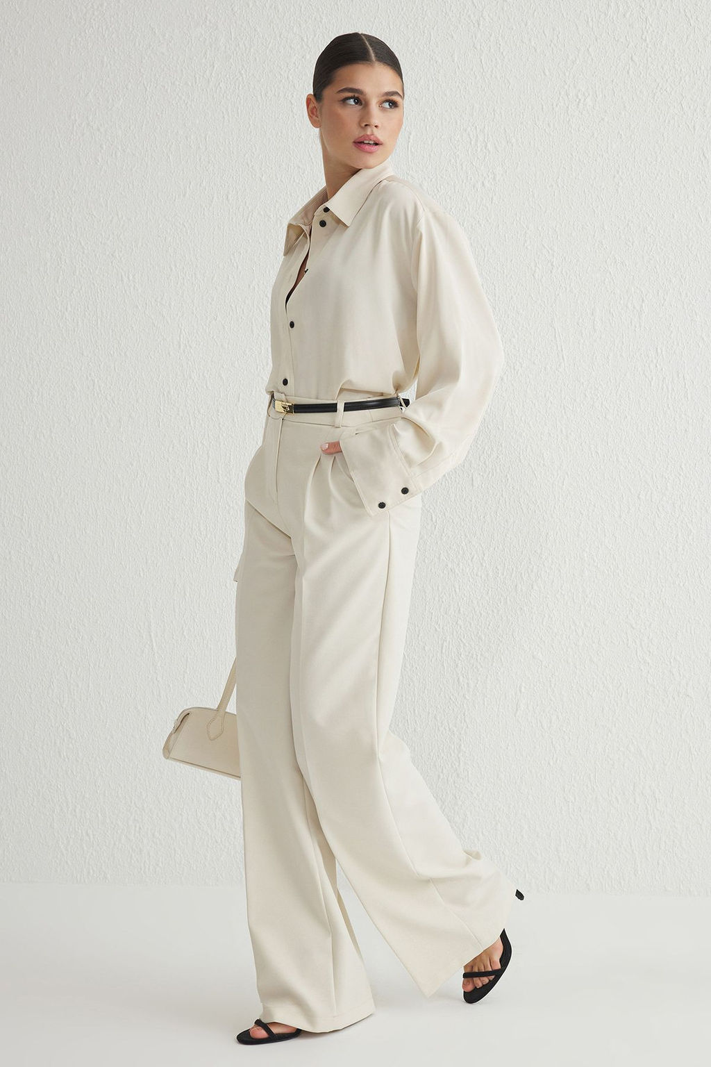 Ekru Pilili Wide Leg/Genis Paca Dokuma Pantolon TWOAW25PL00109 Palazzo