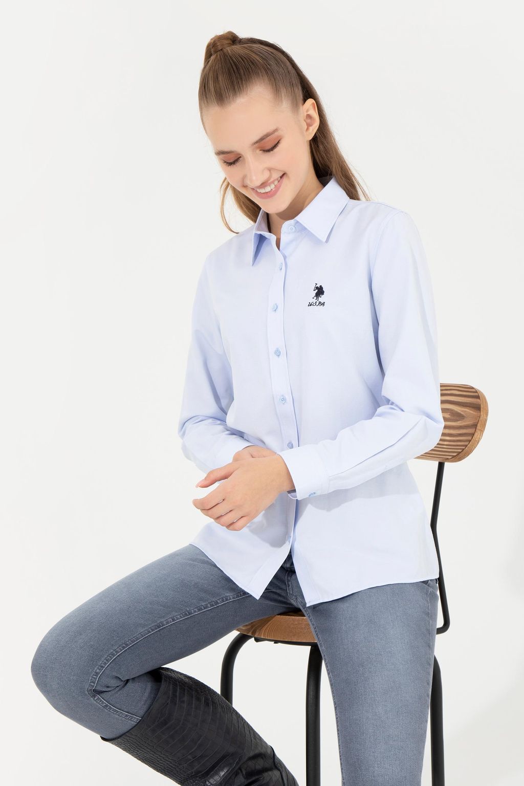 U. S. Polo Assn Женская голубая базовая рубашка с длинным рукавом - U.s. polo assn фото 2