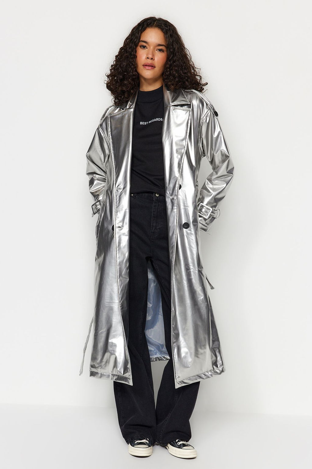 Trendyolmilla Gumus Kusakl? Parlak Trenckot TWOAW24TR00068