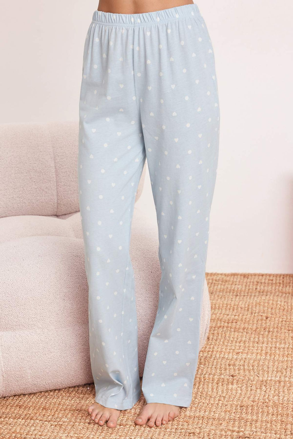 Ac?k Mavi %100 Pamuklu Puantiye ve Kalpli Orme Pijama Tak?m? THMAW25PT00039