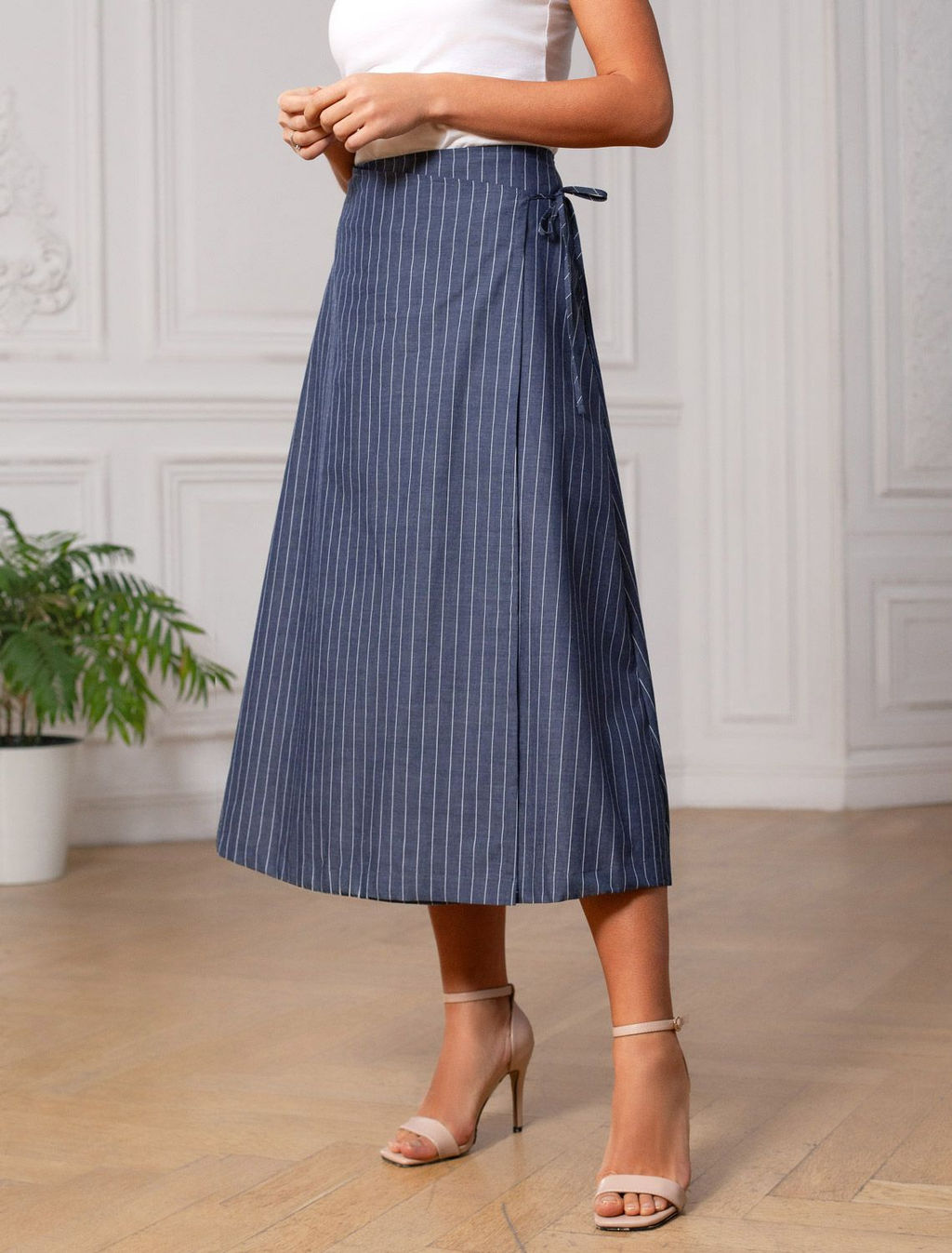 Юбка миди на запАх в полоску из легкого хлопкового поплина - Vilatte фото 4