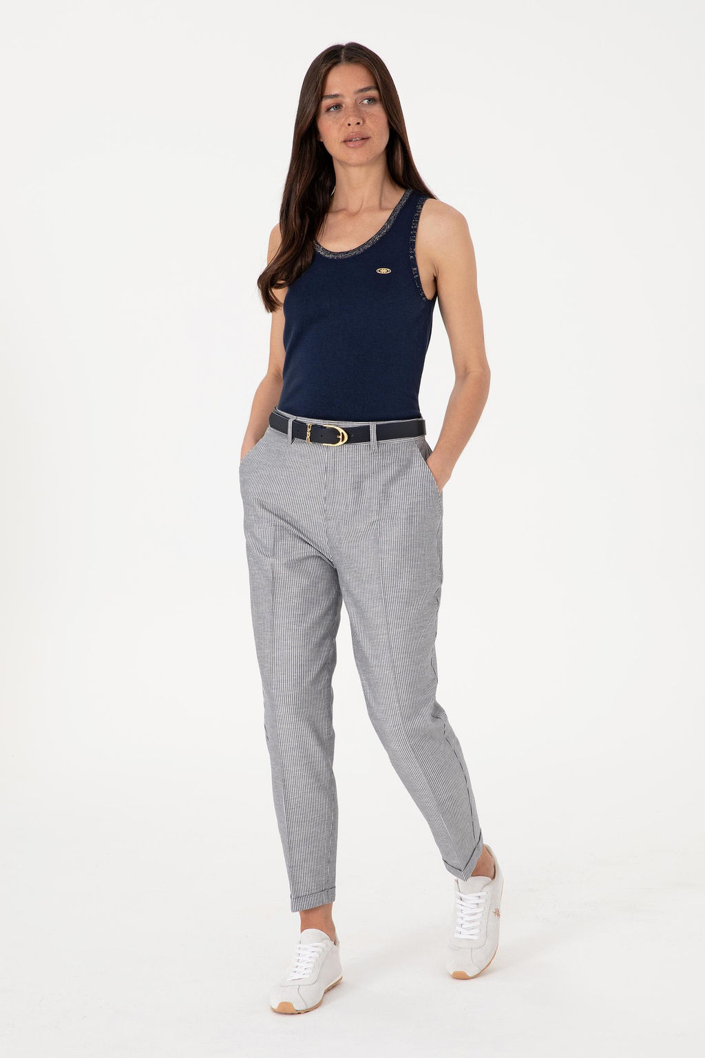 Kad_n Lacivert _izgili Keten Kar___ml_ Carrot Fit Kanvas Pantolon