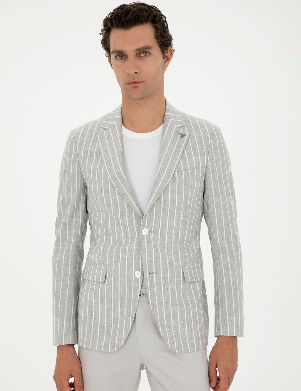 A__k Gri Slim Fit Y_n Keten Kar___ml_ Ceket