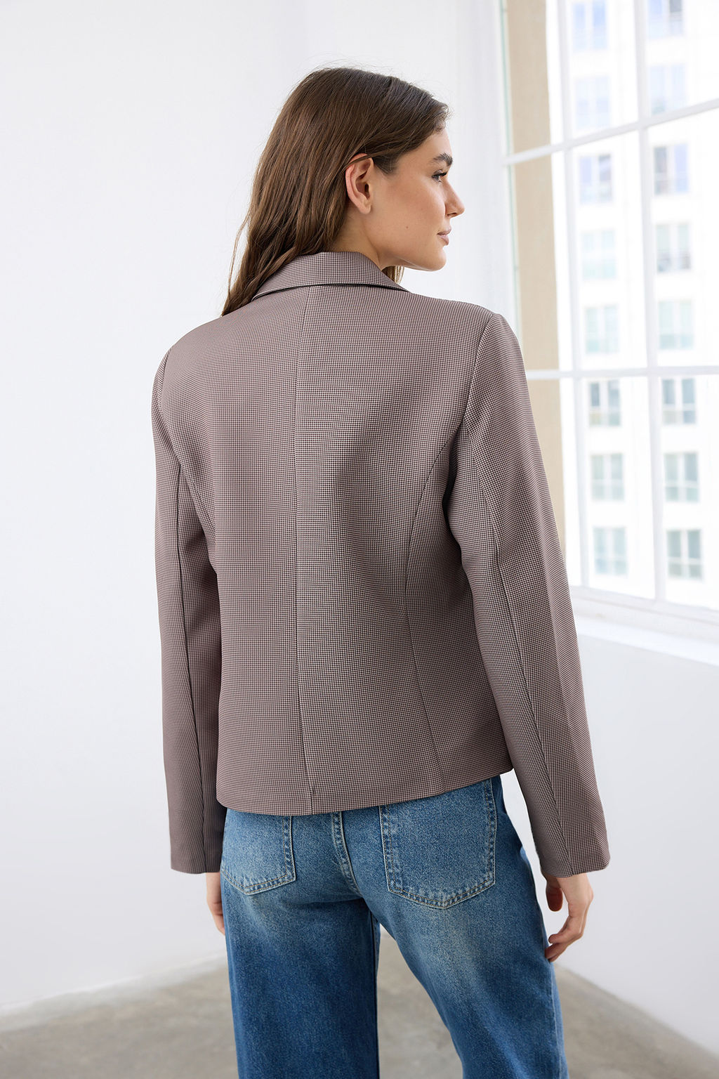 Kahverengi Ekoseli Fitted/Bele Oturan Dokuma Blazer Ceket TWOAW26BC00010