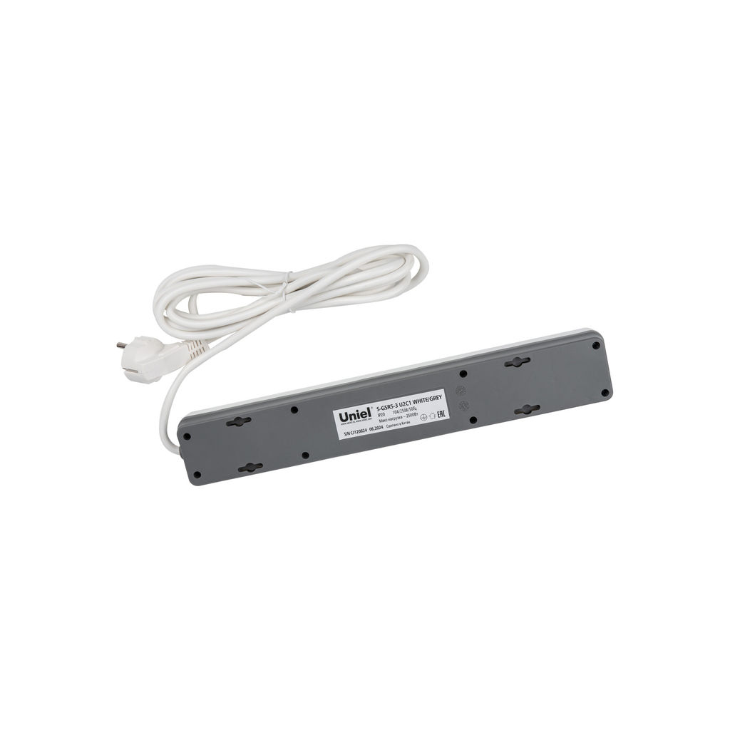 S-GSR5-3 U2C1 WHITE/GREY Сетевой фильтр серии Standard, шнур 3м (Пвс 3х0,75), 5 гнезд, с/з, 2USB+1TYPE C, 10A, 2500Вт. Белый/серый. TM Uniel