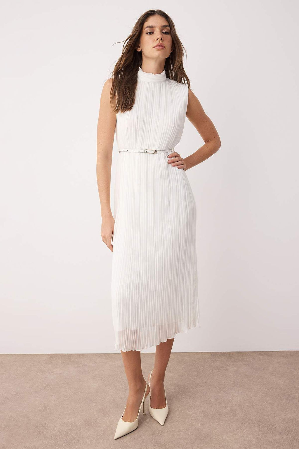 TRENDYOLMILLA Bordo Kemerli Duz Kesim Piliseli Midi Astarl? Sifon Dokuma Elbise TWOSS25EL00118  фото 18