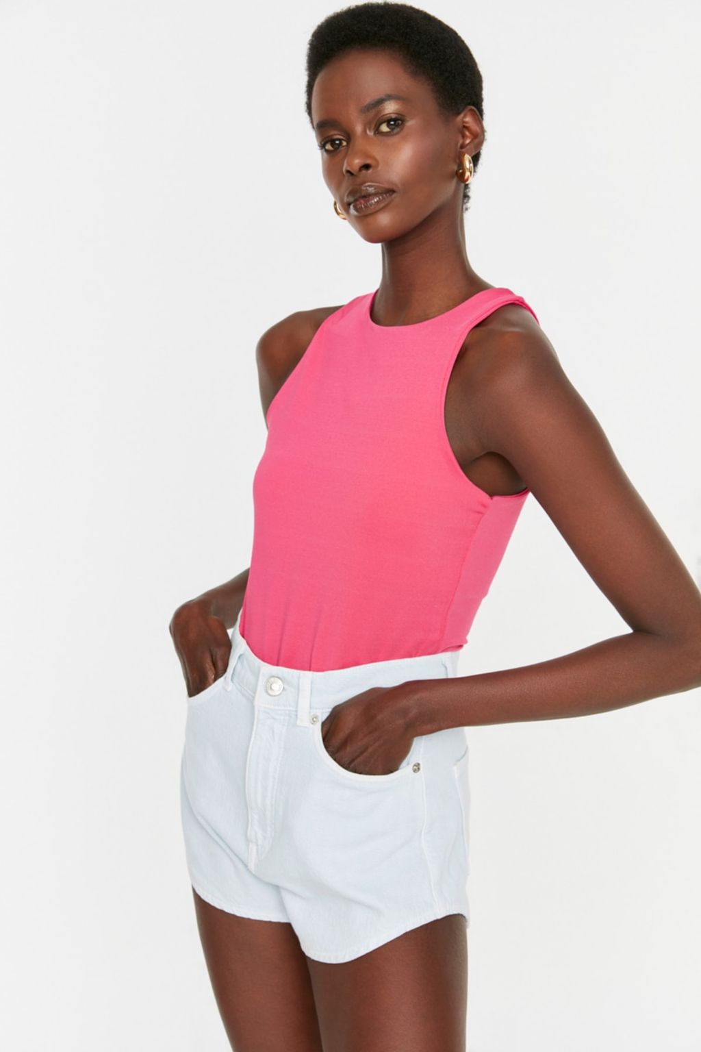 Pembe Halter Yaka Vucuda Oturan Esnek Alttan C?tc?tl? Orme Body TWOSS20BD0044