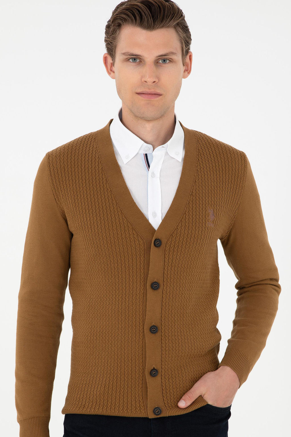 Мужской базовый трикотажный кардиган светло-хаки - U.s. polo assn фото 3