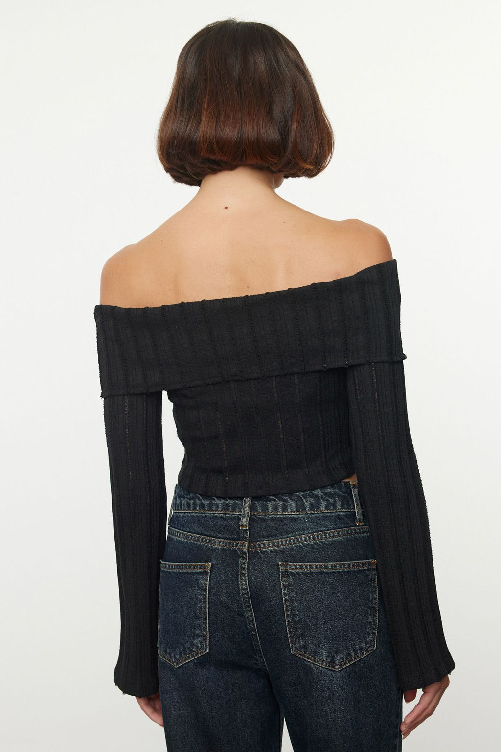 Trendyolmilla Siyah Fermuar Detayl? Carmen Yaka Crop/K?sa Regular/Normal Kal?p Orme Bluz TWOAW25BZ00070  фото 5