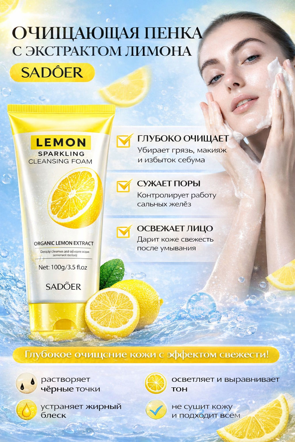 Очищающая пенка с экстрактом лимона SADOER, 150 гр  фото 4