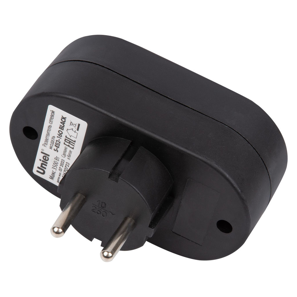 S-ES2-16O BLACK Разветвитель сетевой, б/з. 2 гнезда. 16А, 3500Вт. Черный. ТМ Uniel