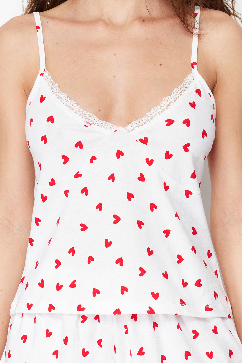 Trendyolmilla Beyaz %100 Pamuklu Kalpli Dantelli Ip Ask?l? Sortlu Orme Pijama Tak?m? THMSS24PT00106  фото 12