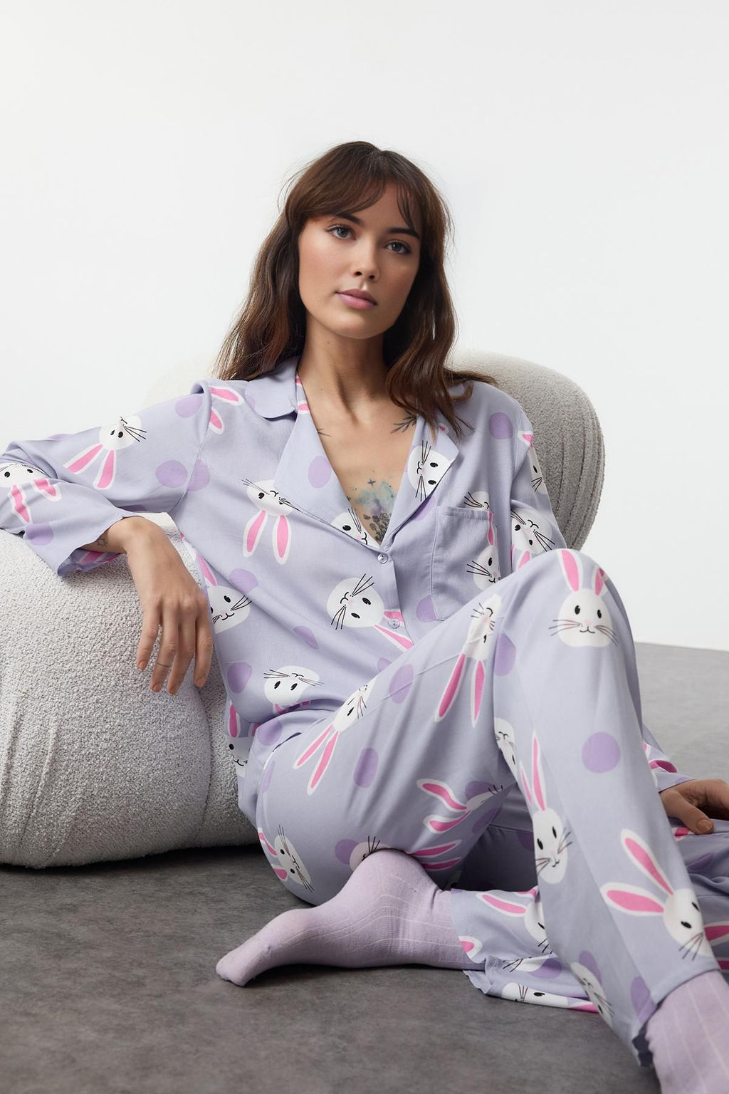 Trendyolmilla Cok Renkli Tavsan Desenli Viskon Dokuma Pijama Tak?m? THMAW21PT0048 фото 17