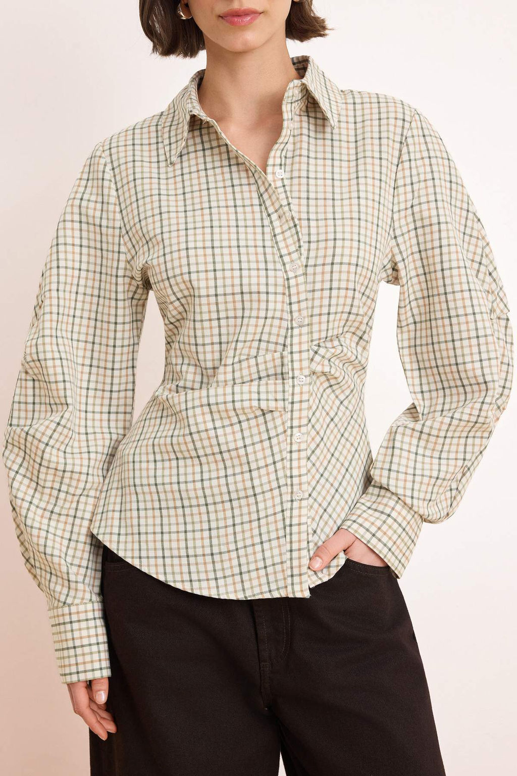 Yesil Ekoseli Balon Kol Detayl? Bele Oturan Asimetrik Kapama Dokuma Gomlek TWOSS26GO00068