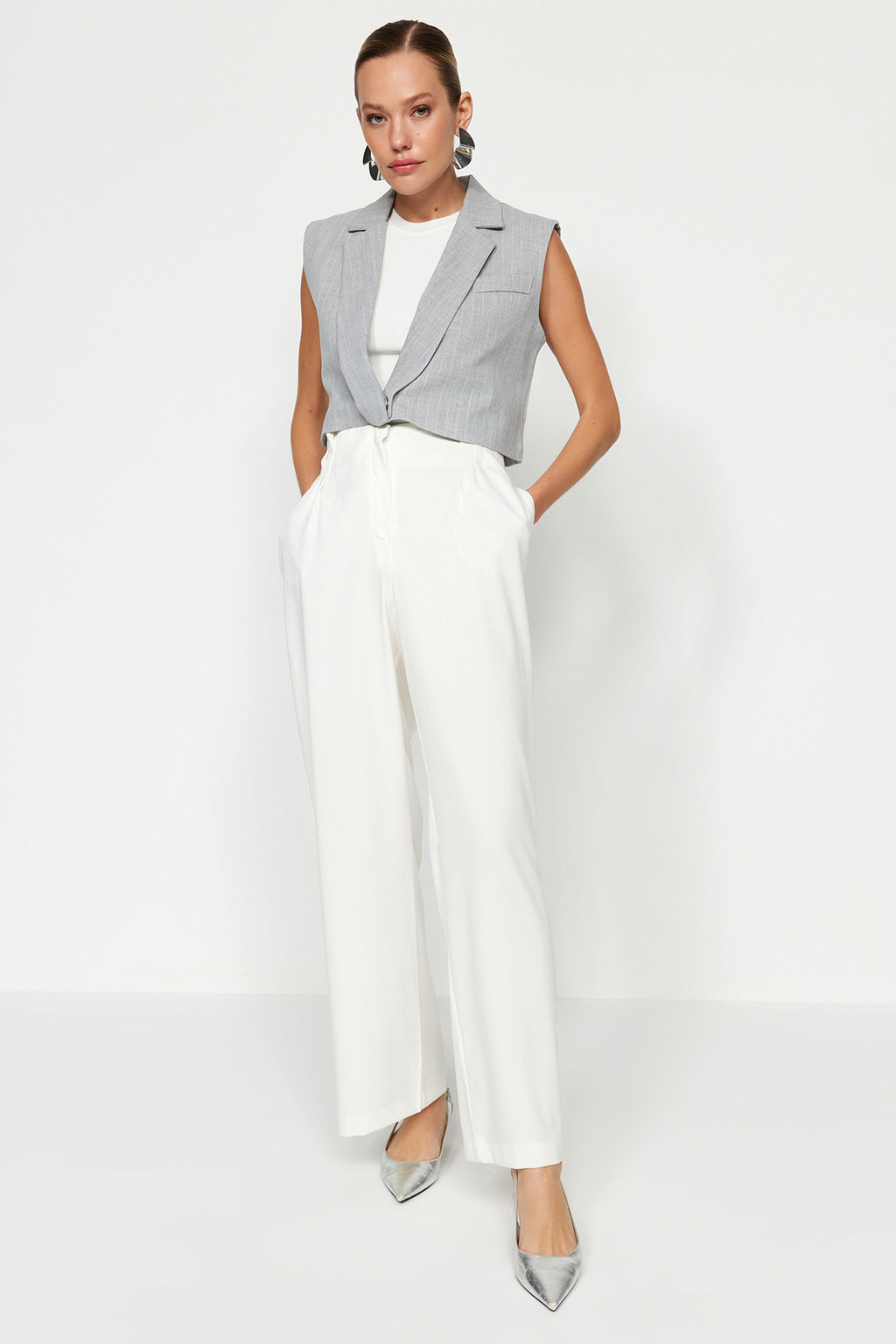 TRENDYOLMILLA Ekru Yuksek Bel Wide Leg Genis Paca Dokuma Pantolon TWOAW24PL00332 фото 3