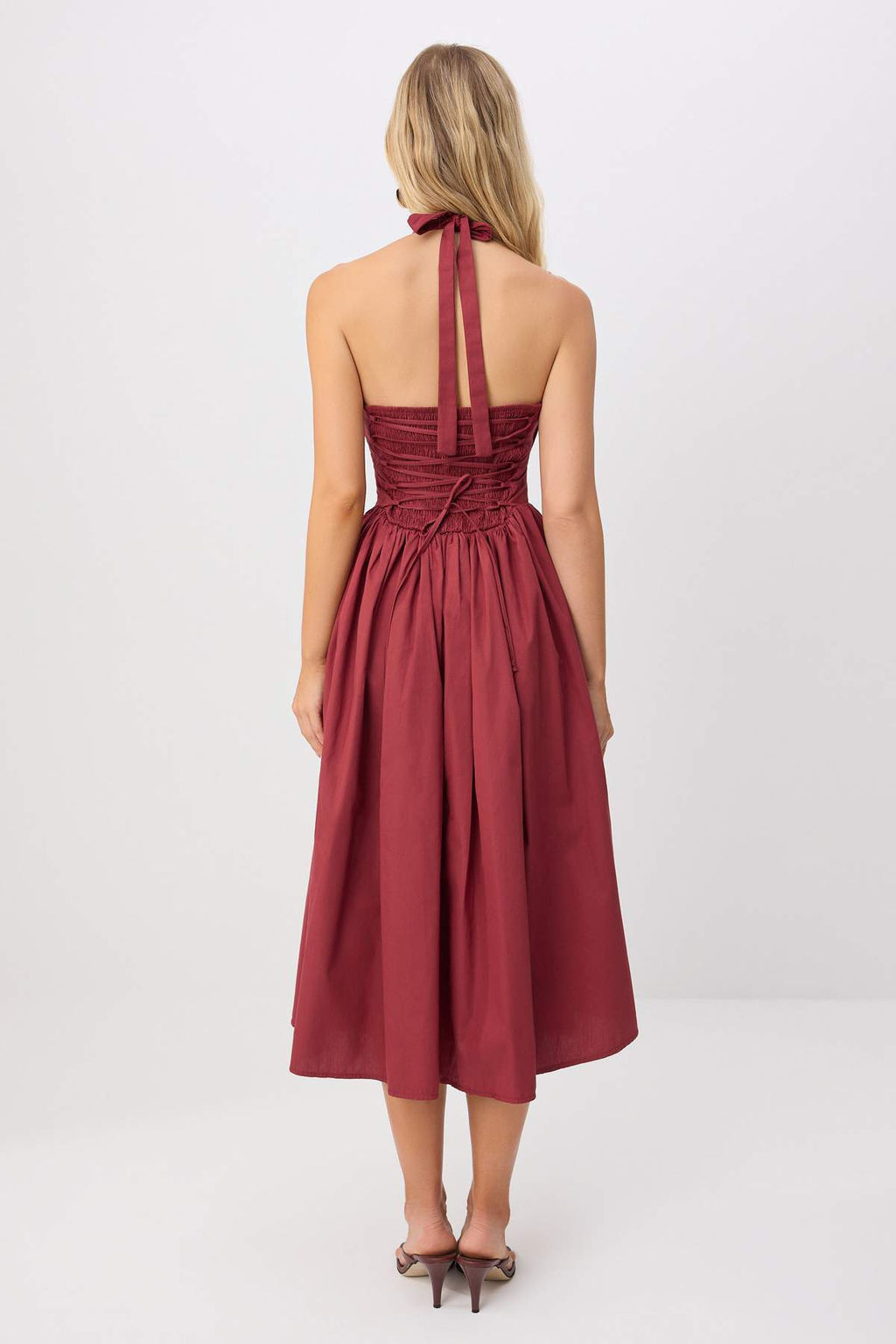 Bordo Boyundan Ba_l_ Poplin Maxi Dokuma Elbise TWOSS25EL00881 - Trendyolmilla фото 5