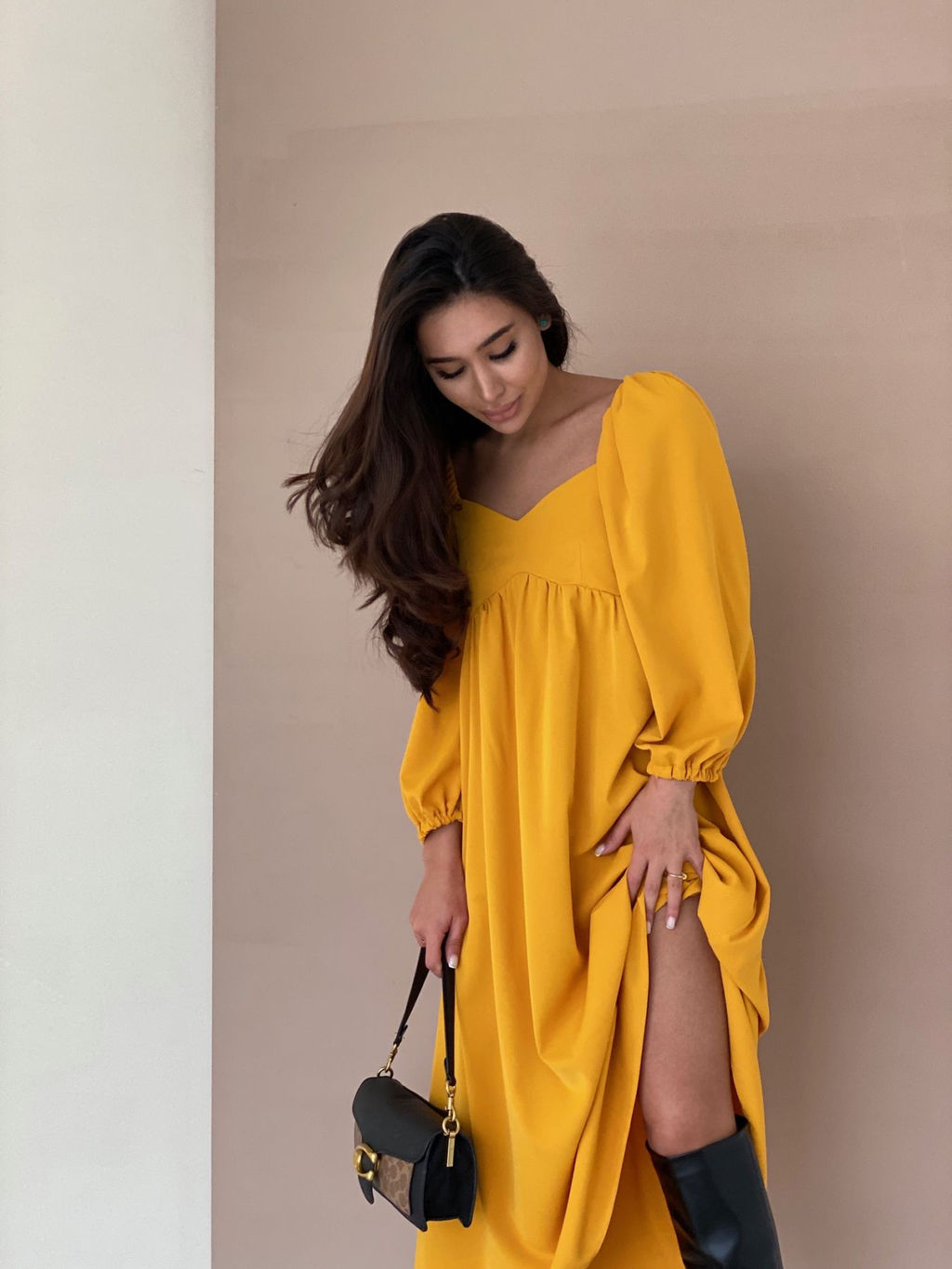 Платье-миди с пышными рукавами в цвете манго - Martichelli фото 59