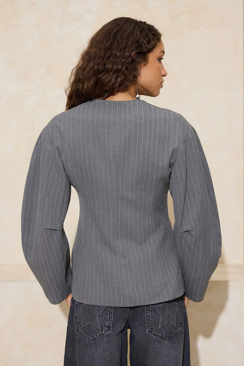 Gri Cizgili Kol Detayl? Fitted/Vucuda Oturan Astarl? Vatkal? Dokuma Blazer Ceket TWOSS26BC00025 - Trendyolmilla фото 4