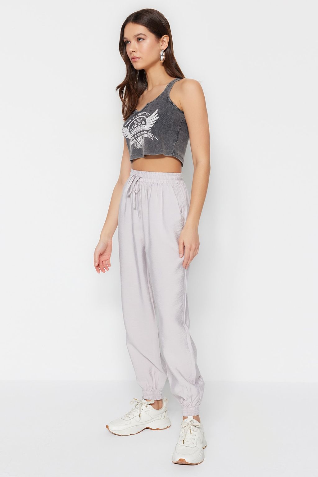 Gri Jogger Beli Lastikli Cepli Dokuma Pantolon TWOSS20PL0129