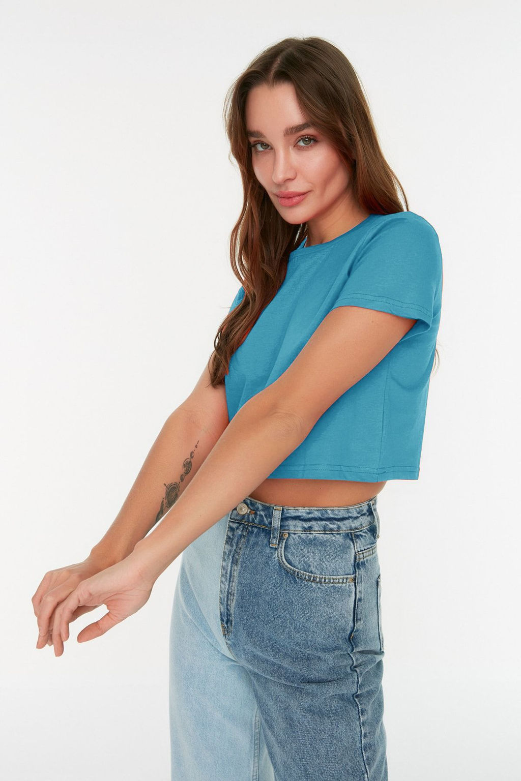 Lacivert-Turkuaz 2li Paket %100 Pamuk Crop Bisiklet Yaka Orme T-Shirt TWOSS20TS1480