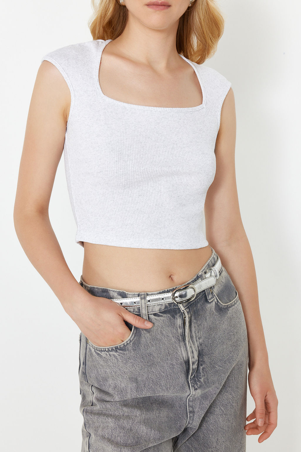 Gri Melanj fitted/vucuda Oturan Fitilli Esnek Orme Bluz TWOSS24BZ00641 - Trendyolmilla фото 4