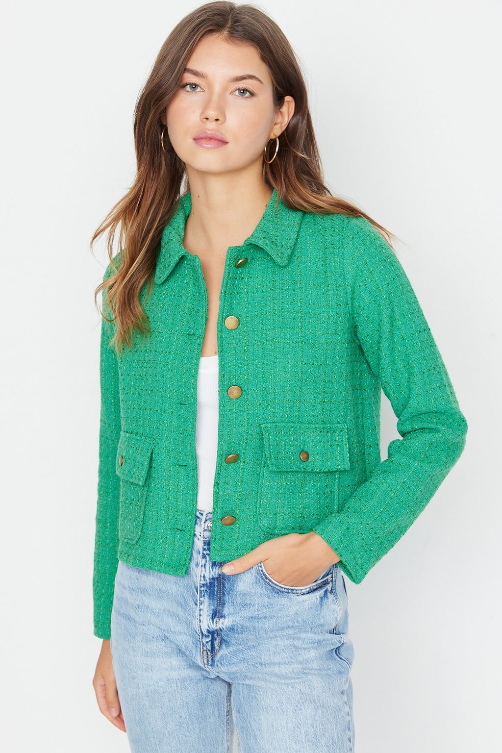 Yesil Fitted Cep Detayl? Ekose Crop Dokuma Ceket TWOAW23CE00140