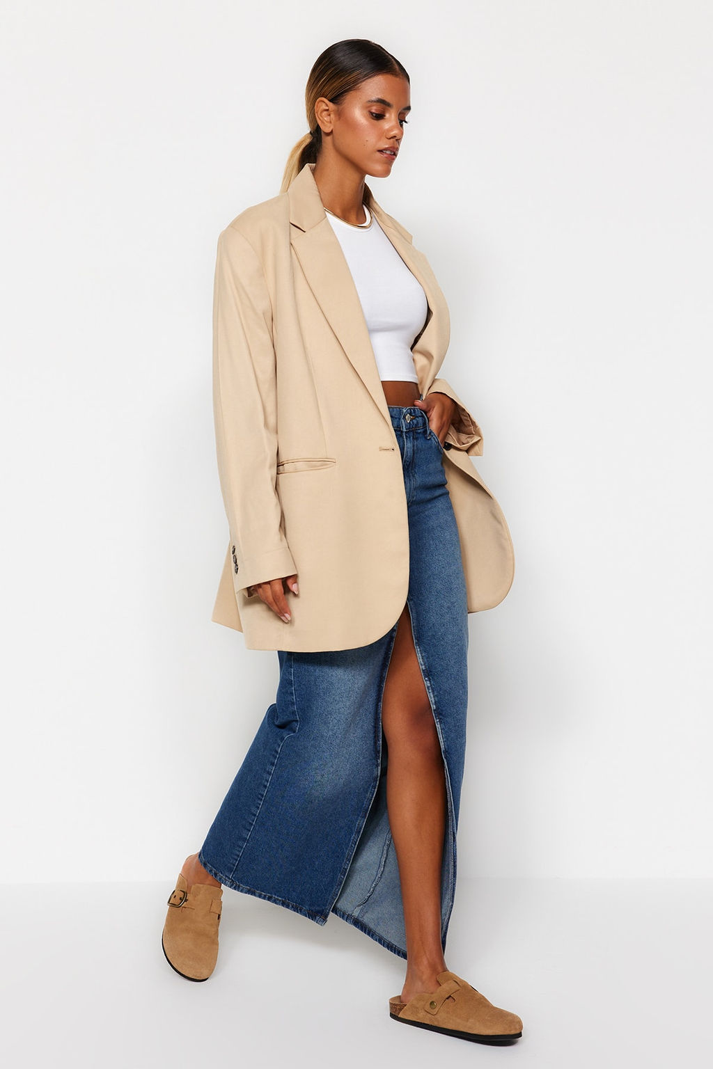 TRENDYOLMILLA Mavi More Sustainable Y?rtmacl? Maxi Denim Etek TWOAW24ET00058  фото 6