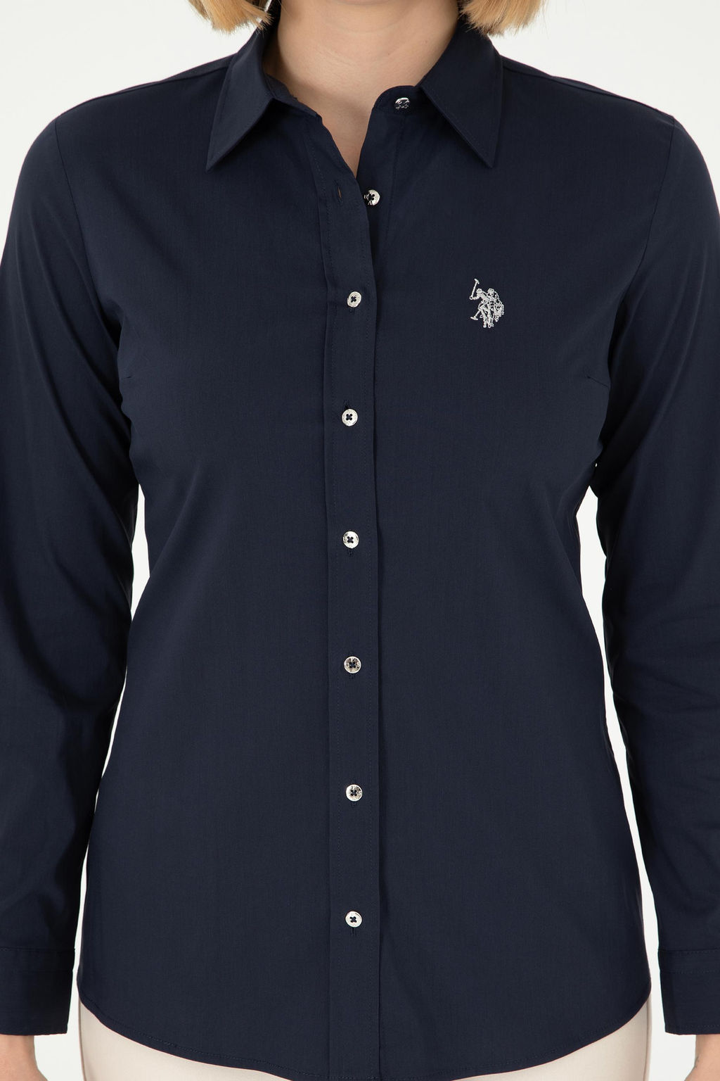 Рубашка женская U.S. Polo Assn. темно-синяя хлопок с эластаном фото 13