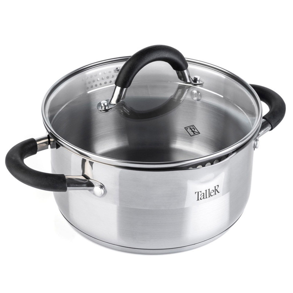 Кастрюля из нержавеющей стали Телфорд 2л, д18см, h9см, s0,6мм, дно s2,8мм, стеклянная жаропрочная крышка, широкий металлический ободок с отверстиями для слива жидкости, пароотвод, ручки из нержавеющей стали с силиконовыми вставками, капсулированное - Домашняя мода фото 2