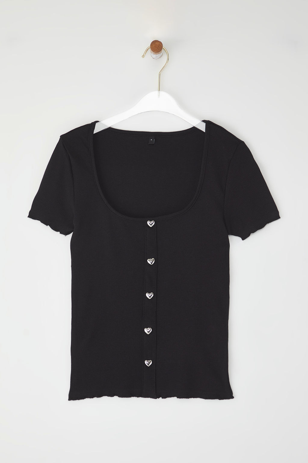 Siyah Fitted/Vucuda Oturan Kalp Dugmeli Havuz Yaka Esnek Orme Bluz TWOSS25BZ00221