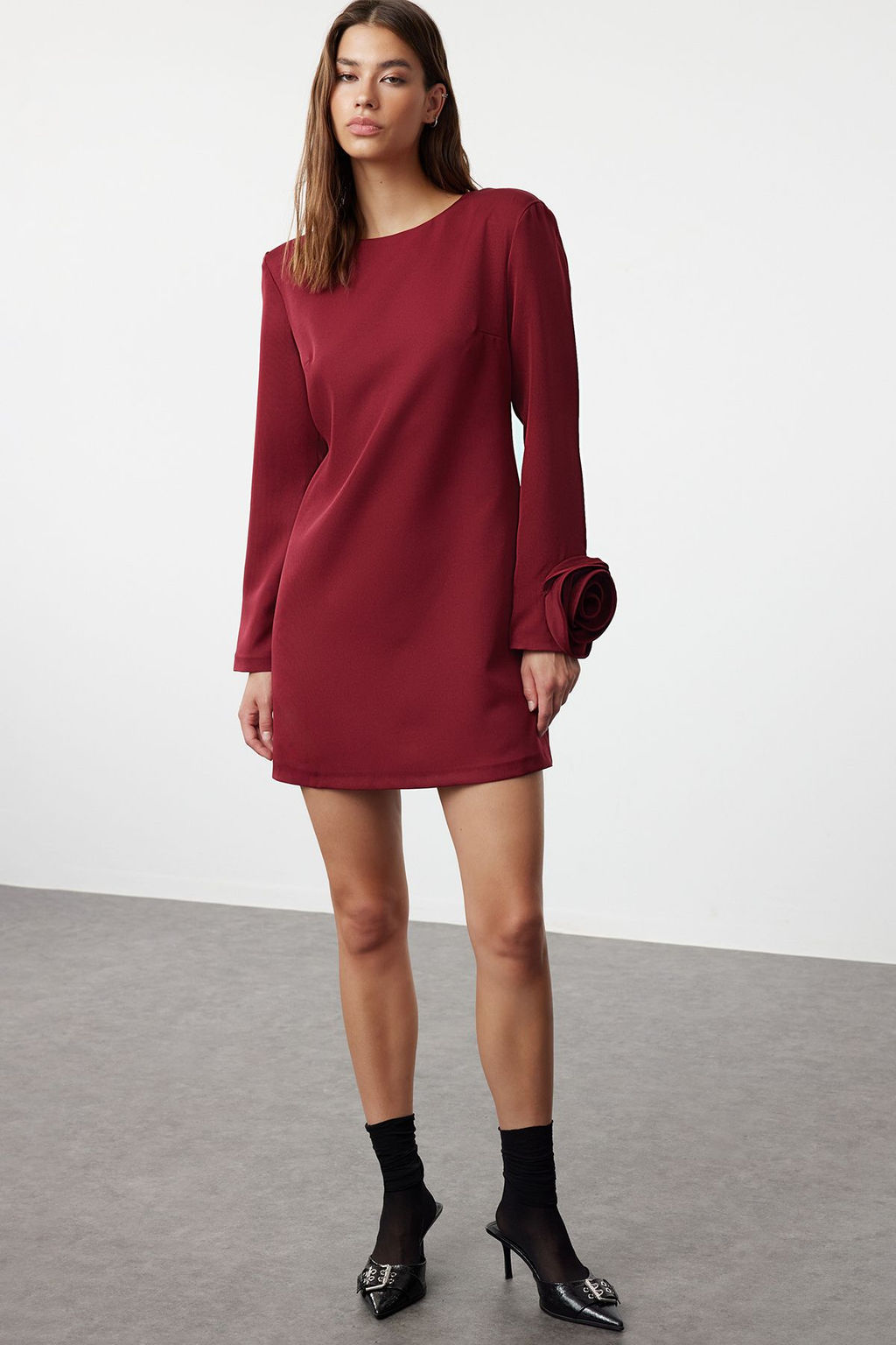 TRENDYOLMILLA Bordo Duz Kesim Gul Detayl? Mini Dokuma Elbise TWOAW25EL00171  фото 2