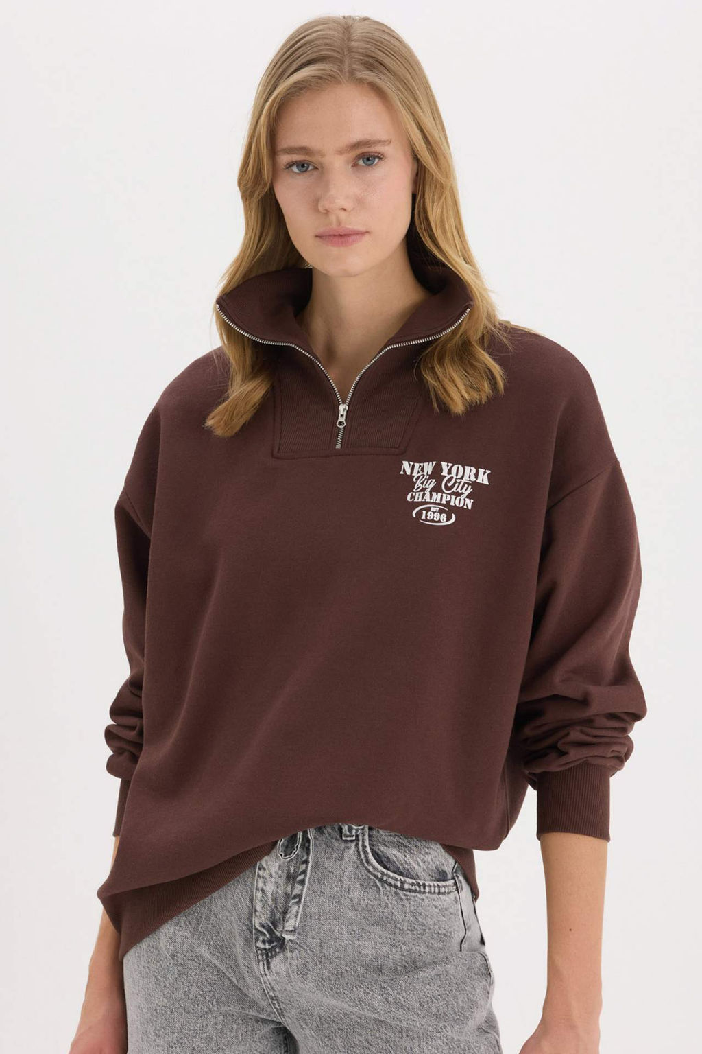Coool Oversize Genis Kal?p Fermuarl? Dik Yaka Bask?l? Kal?n Sweatshirt - Defacto фото 2