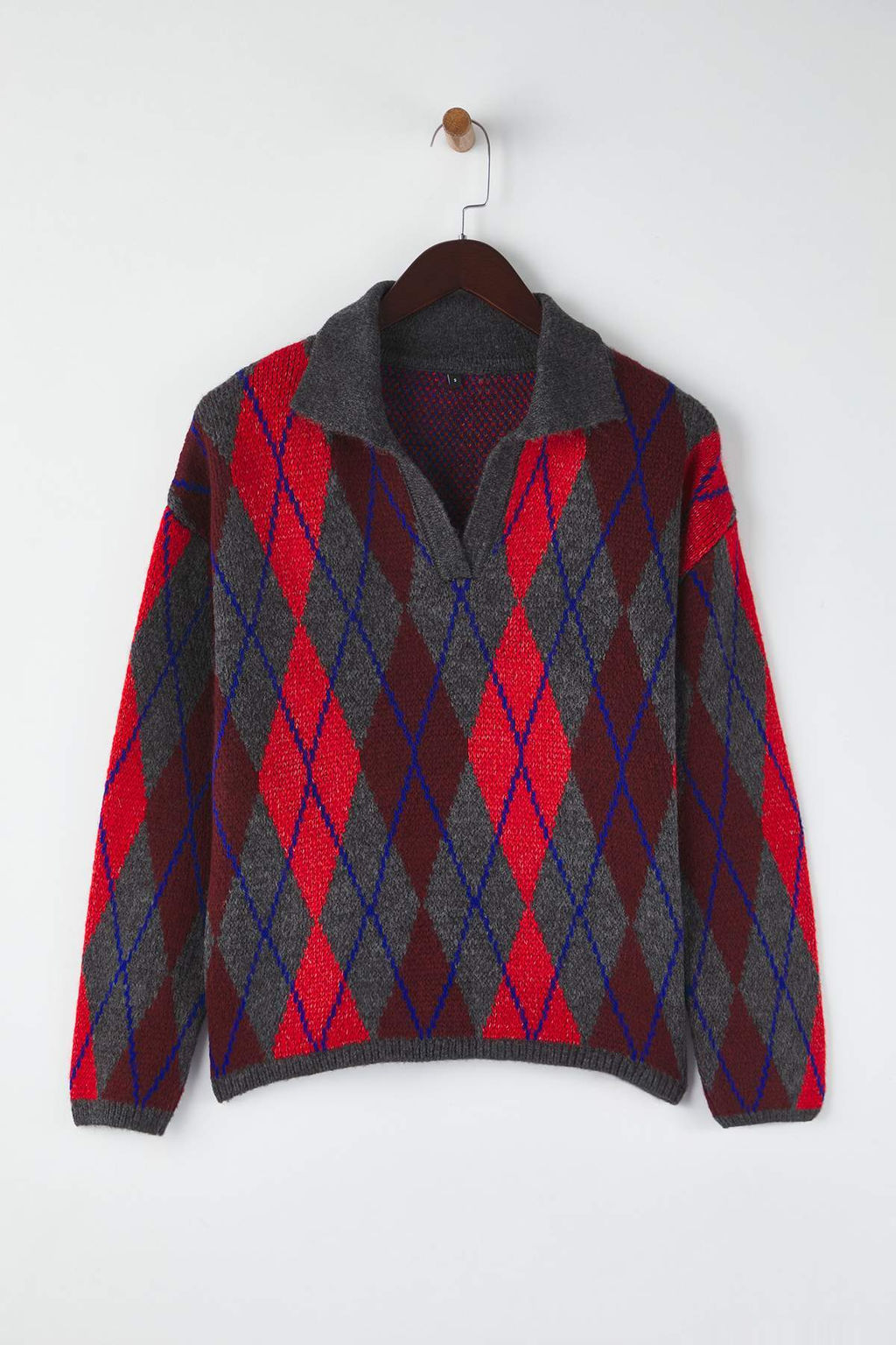 Antrasit Baklava/Ekose Desenli Polo Yaka Triko Kazak TWOAW26KZ00231 - Trendyolmilla фото 5