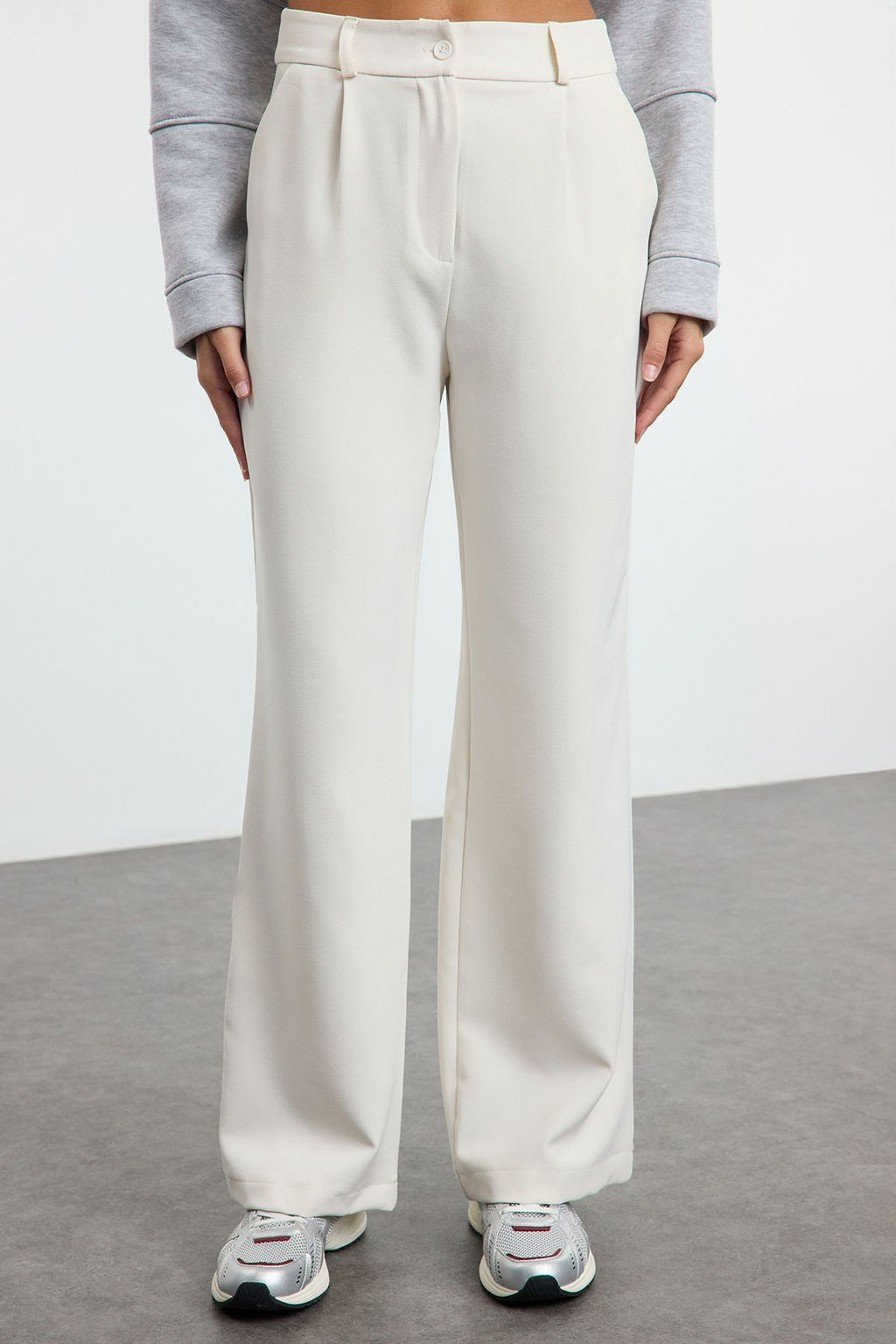Ekru Yuksek Bel Wide Leg/Genis Paca Pilili Dokuma Kumas Pantolon TWOAW21PL0076