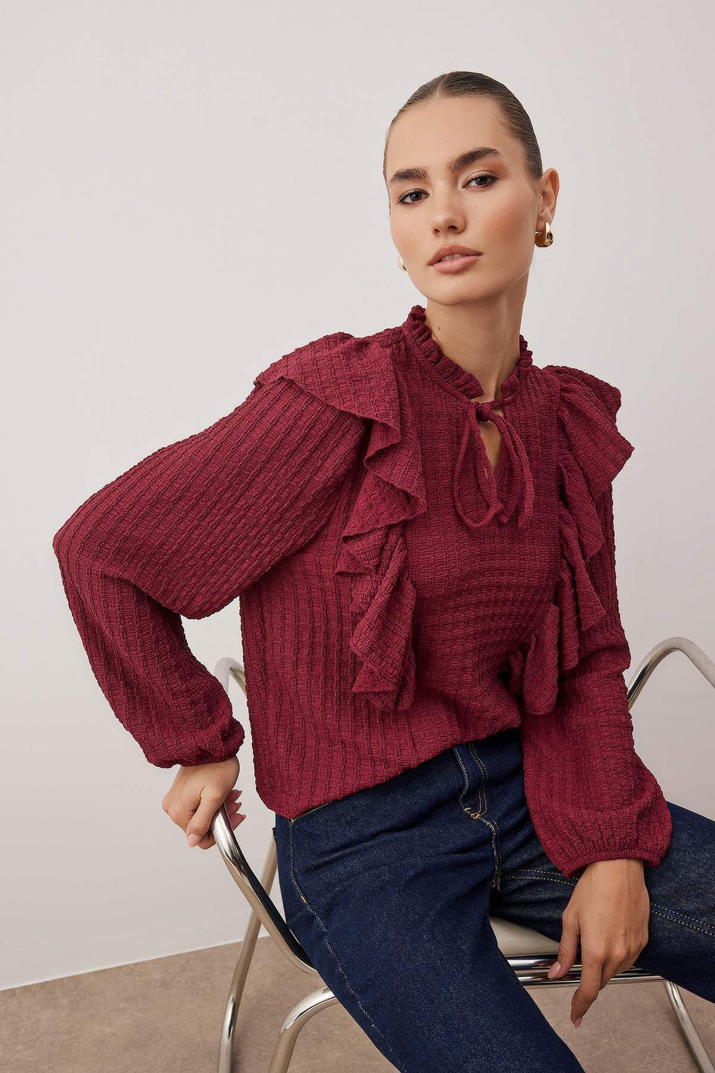 Bordo V Yaka F?rf?r Detayl? Regular Dokulu Orme Bluz TWOAW26BZ00314 - Trendyolmilla фото 2