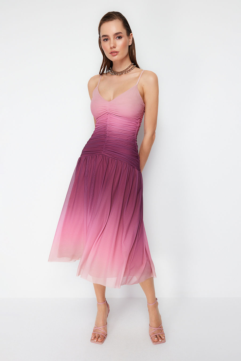 Cok Renkli A-Kesim Orme Tul Elbise TPRSS24EL00055 - Trendyolmilla фото 4