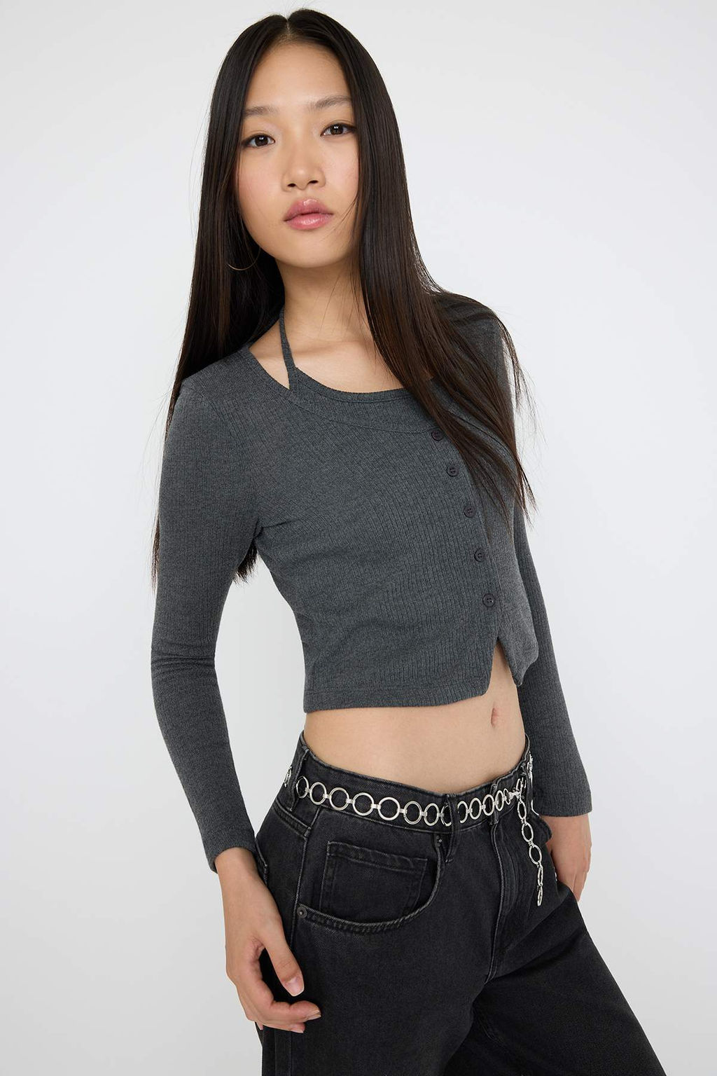 Antrasit Melanj 2li Fitted/Vucuda Oturan Kurdele Detayl? Triko Gorunumlu Orme Bluz TWOAW26BZ00119