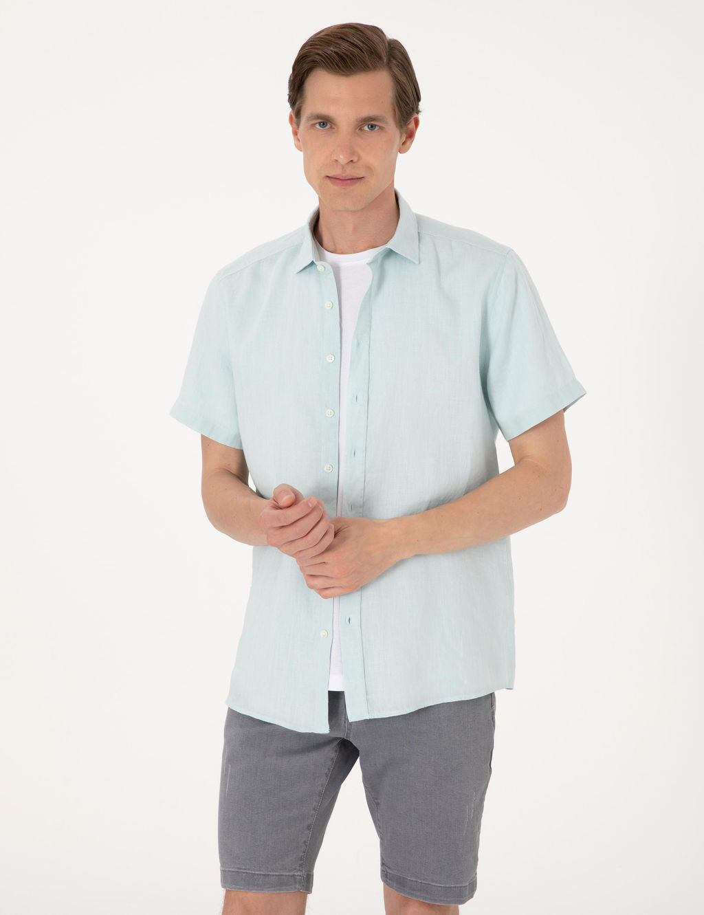 Su ye_ili %100 Keten Regular Fit K_sa Kollu G_mlek