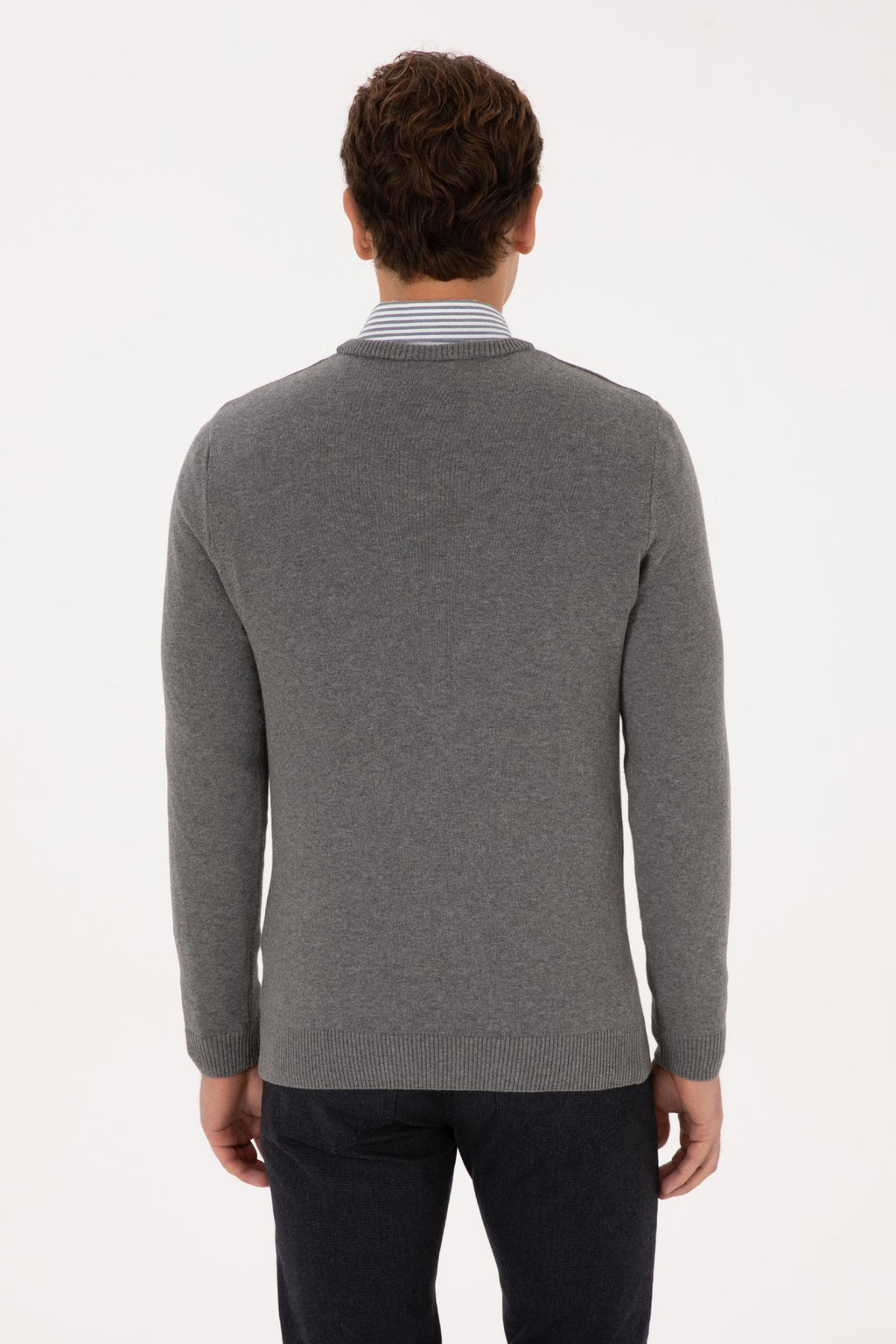 Erkek Slim Fit V Yaka Gri Melanj Basic Kazak - U.s. polo assn фото 5