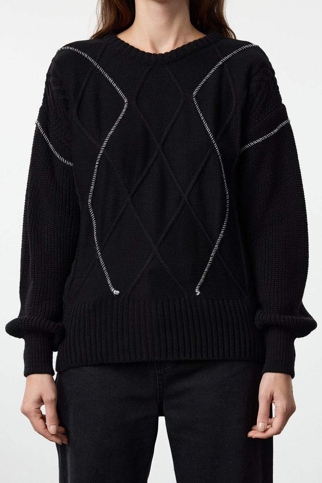 Siyah Genis Kal?p Orgu Detayl? Bisiklet Yaka Triko Kazak TWOAW25KZ00322 - Trendyolmilla фото 3