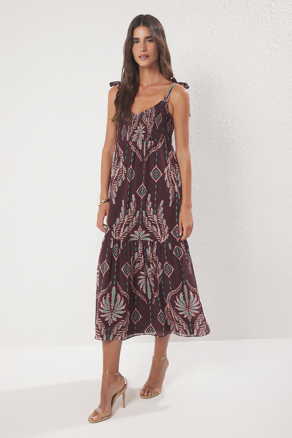 Kahverengi Sal Desen Etegi Belden Ac?lan Gipeli Sifon Dokuma Maxi Ucus Ucus Elbise TWOSS25EL00710