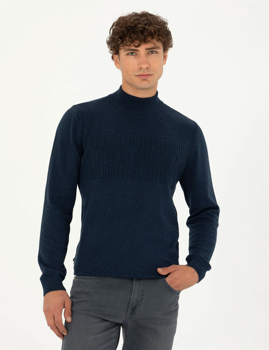 Lacivert Melanj Slim Fit Bal_k__ Yaka Triko Kazak