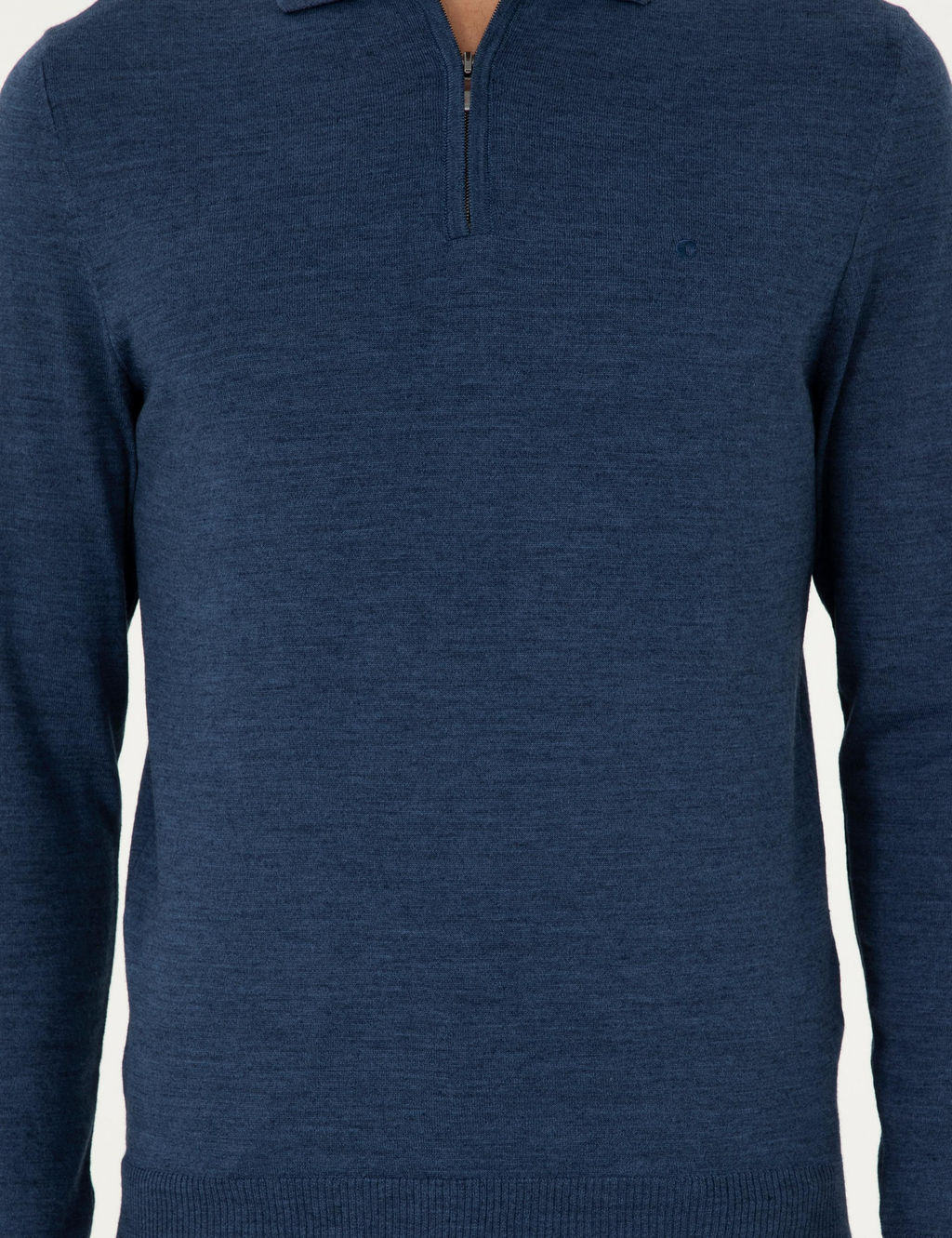 _ndigo Regular Fit Y_n Kar___ml_ Fermuarl_ Polo Yaka Basic Triko Kazak